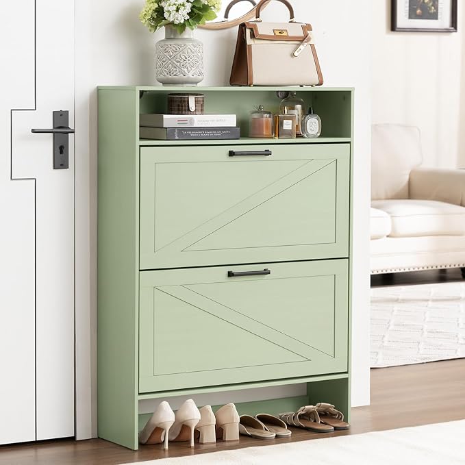 RWYHG Shoe Cabinet Storage for Entryway with 2 Flip Drawers Open Storage Layer Rack Narrow Organizer Slim Hidden Wood Shoe Cabinet Furniture Green by RWYHG