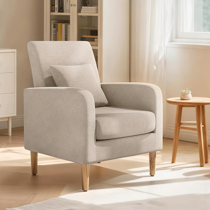 Magshion Mid-Century Accent Chair for Bedroom, Comfy Reading Chair for Living Room, Upholstered Linen Fabric Armchair Single Sofa with Back Pillow & Wood Legs, 300 lbs Capacity, Beige