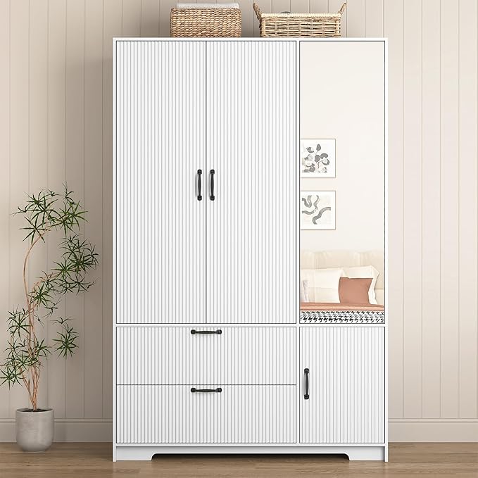 72'' Fluted Armoire Wardrobe Closet with Mirror Door and 2 Drawers,Tall Bedroom Armoire Wardrobe Cabinet with Hanging Rod,Wooden Bedroom Closet with 4 Adjustable Shelves (White)