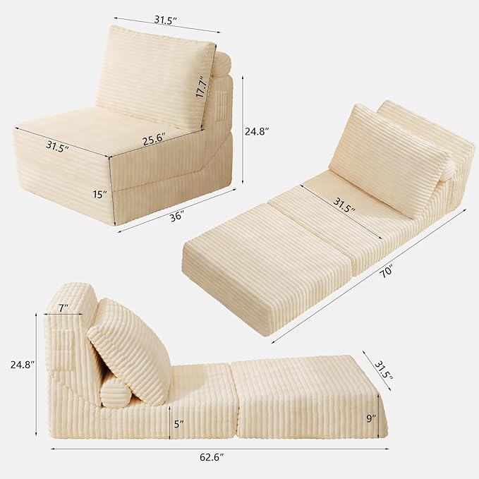 Folding Sofa Bed, Couch Beds with Pillow, 3 In 1 Convertible Sleeper Chair with Storage Bag, Memory Foam Foldable Mattress, Fold Out Chair Bed Morden Floor Sofa Lounge for Living Room Bedroom Guest