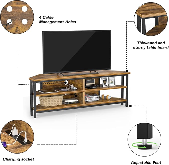 Unikito 55'' Corner TV Stand with Power Outlet, Corner Entertainment Center TV Console Table with 4 Open Storage Shelves, Metal Frame for Living Room, Bedroom, Industrial 60'' Corner TV Stand, Rustic - Image 6