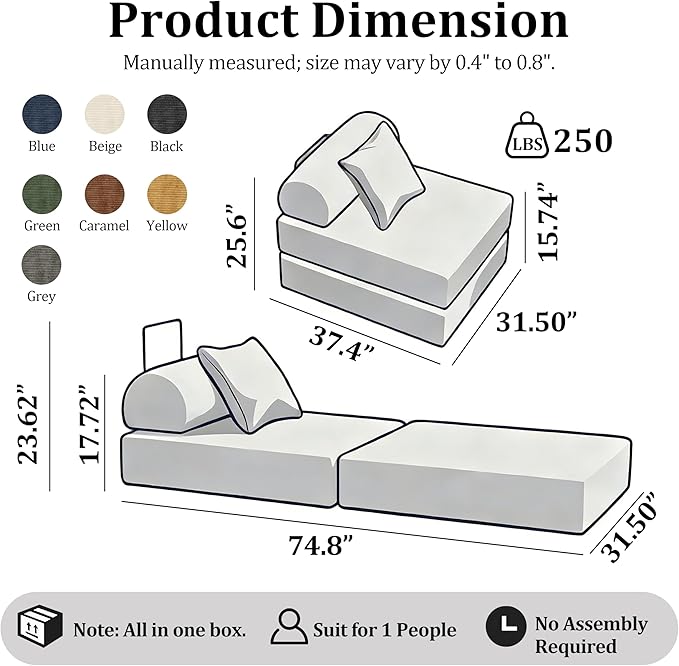 31.5'' Convertible Compressed Corduroy Folding Cloud Sofa Bed, Modern Boneless Pull Out Sleeper Sofa Couch in a Box, 3 in 1 Portable Lazy Floor Lounge Chair, for Small Space, Green, Pillow, Single