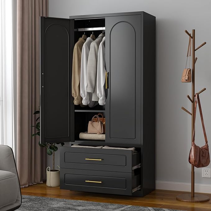 SteeLoong Metal Armoire Wardrobe Closet with 2 Drawer,71Inch Black Clothing Storage Cabinets with Hanging Rod, for Bedroom Home Office