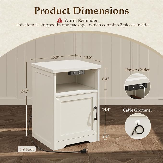 AODK Farmhouse Nightstand Set of 2, Side Table with Charging Station & LED Lights, End Tables with Storage and Open Shelf, Rustic Beside Tables for Bedroom, Rustic White - Image 3