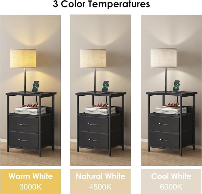 Fixwal Bedside Table with 3 Color Temperature Reading Light, Nightstand with LED Light & Charging Station End Table with Adjustable Fabric Drawer for Bedroom, Dorm, Black - Image 5