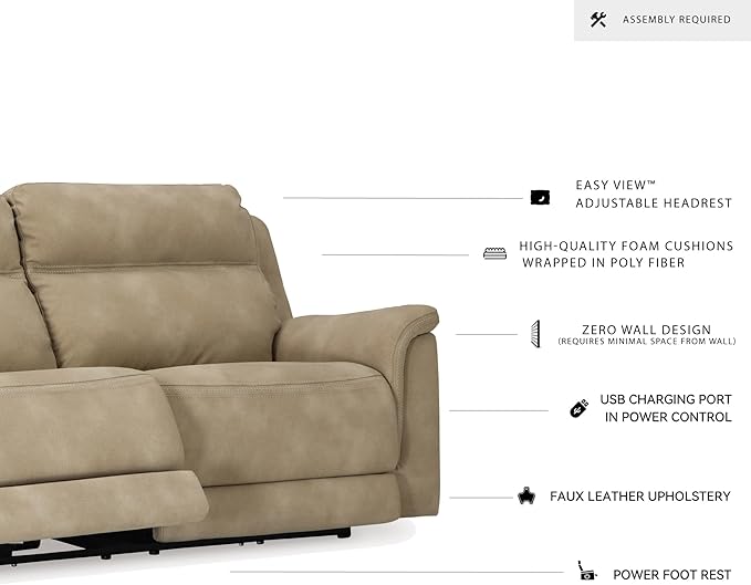 Signature Design by Ashley Next-Gen DuraPella Power Reclining Sofa with Adjustable Headrest, USB, Extended Ottoman, Faux Leather, 80" W x 42" D x 42" H, Beige Sand