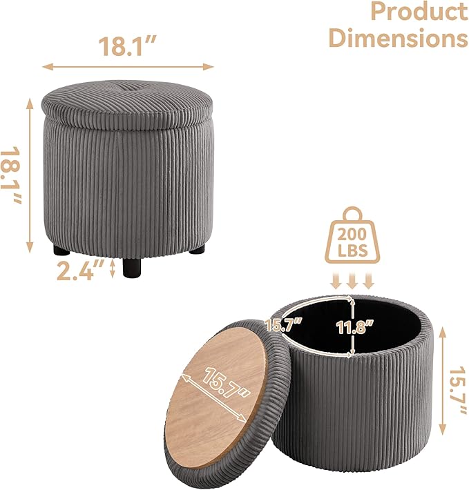 WUTUTUEE Corduroy Storage Ottoman with Flip-Top Tray, Modern Upholstered Ottoman Coffee Table, Dual Leg Options Ottoman Footrest for Living Room, Bedroom, Office, Grey