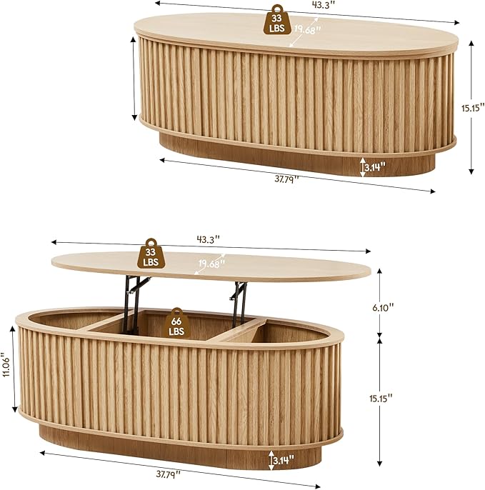 Oval Coffee Table, 43.3'' Fluted Lift Top Coffee Table with Hidden Storage Compartment, Mid Century Modern Dining Table Wooden Center Table for Living Room, Office, Small Spaces (Natural)