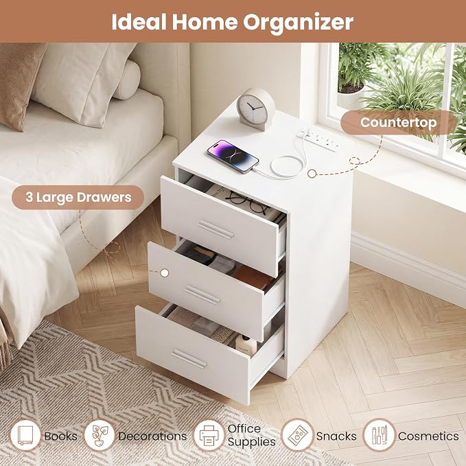 KOMFOTT 3-Drawer Nightstand, Modern Drawer Organizer with Power Outlet, Compact Bedside Storage End Table for Bedroom, Small Spaces (White,1) - Image 6