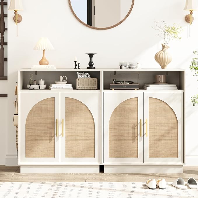 HOKYHOKY Rattan Shoe Storage Cabinet with 2 Arched Doors, 5-Tier Deep Shoe Organizer with Adjustable Shelves, Farmhouse Boho Shoe Rack Cabinet for Entryway, Rustic White - Image 8