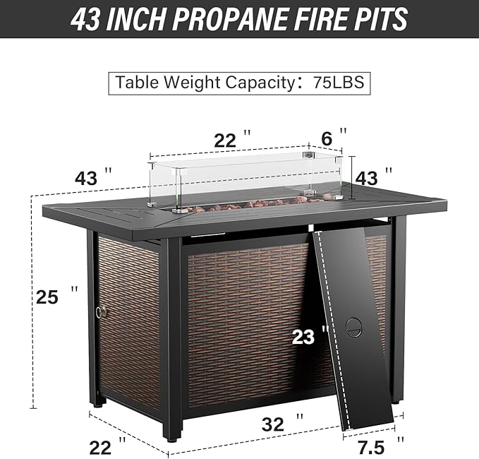 Belord Patio Furniture Set with Fire Pit Table - 8 Piece Outdoor Wicker Furniture Set with 43" 50000 BTU Propane Fire Pit and Rocking Chairs Patio Conversation Set for Deck Outside Backyard Beige