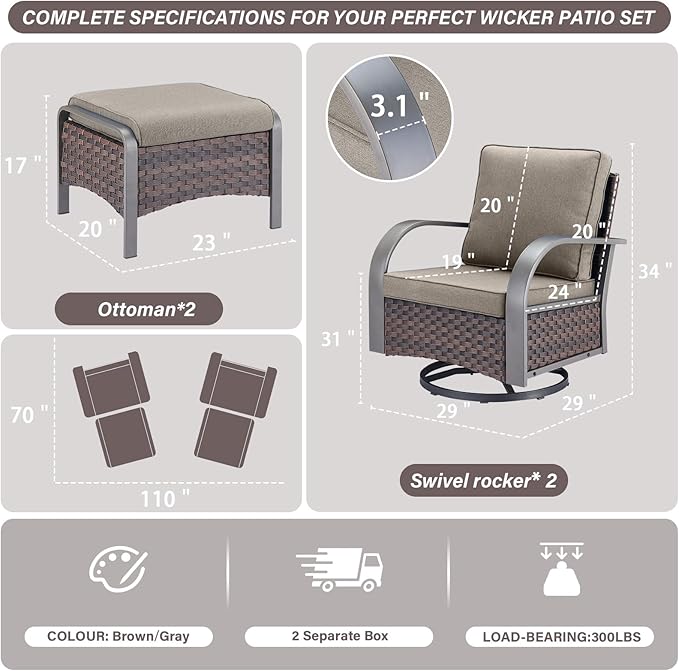 Belord 4 Pieces Patio Furniture Sets - Swivel Rocker Outdoor Chairs with Ottomans, All Weather Wicker Swivel Furniture Glider Seating Set for Porch Deck Sunroom Backyard