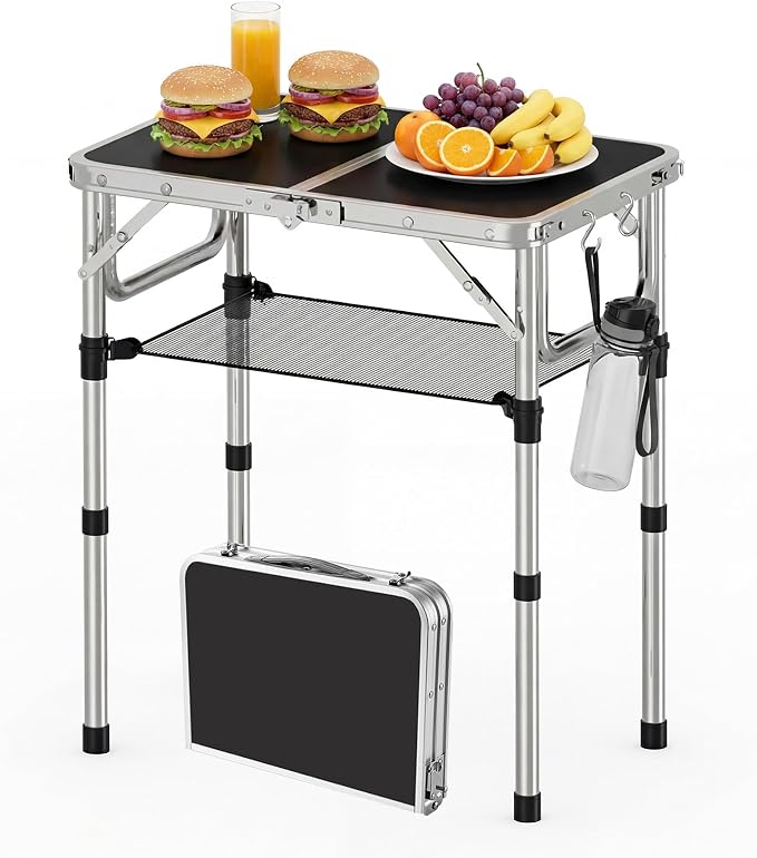 YihuiKo Folding Picnic Table with Storage Net, Black Aluminum Folding Table 23.6" x 15.8", Adjustable Height Max 27.5", Lightweight Portable for Camping Travel Indoor by YihuiKo