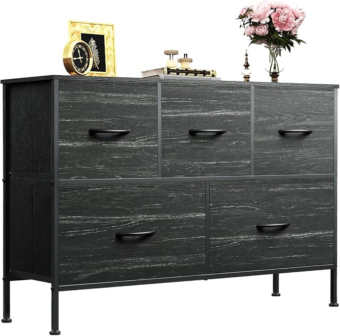 WLIVE Dresser for Bedroom with 5 Drawers, Long Storage Dresser, Fabric Dressers, Storage Drawer Unit with Fabric Bins for Closet, Hallway, Charcoal Black Wood Grain Print, Size L by WLIVE