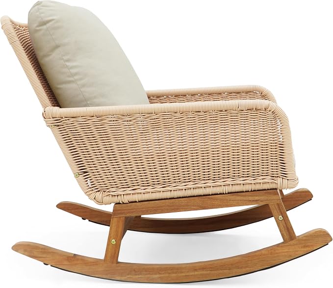 Christopher Knight Home Nadine Patio Rocking Chair, Wicker Rocker, Wood Leg Rocking Chair, PE Rattan Wicker Chair, Rocking Chair with Cushions, Comfort Wicker Rocker for Backyard Balcony Porch, Beige - Image 7