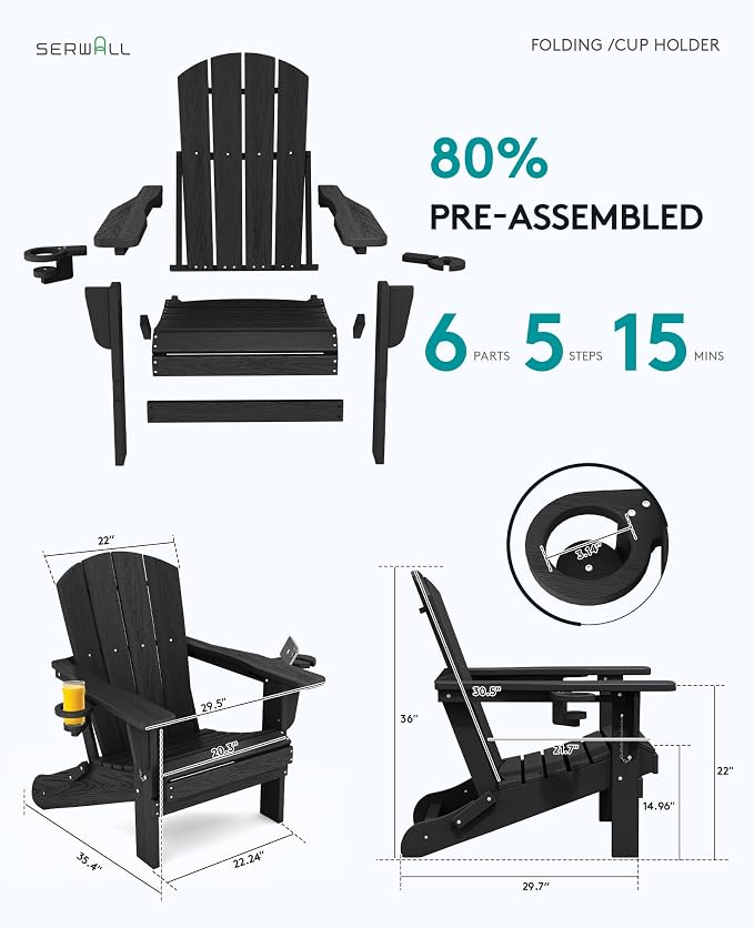 SERWALL HDPE Folding Adirondack Chair with Dual Cup Holder - Composite Adirondack Chair - Black - Image 3