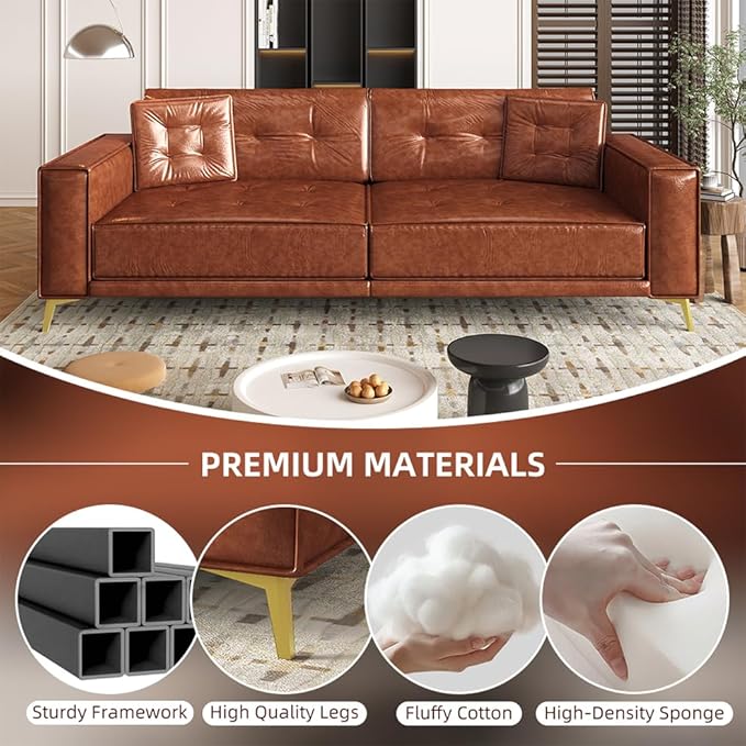 92" 3-in-1 Faux Leather Convertible Sleeper, King Size Pull Out Sofa Bed, 4-Seater Mid Century Modern Tufted Couch with 2 Pillows for Living Room, Apartment, Office (Chestnut/Reddish-Brown) | Leather Sofa Bed, King Pull Out Sofa, Tufted Couch