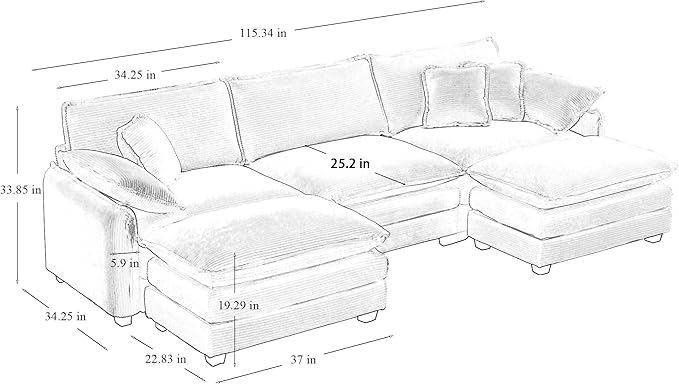 KEIKI 115" U-Shaped Oversized Corduroy Modular Sectional Sofa with 2 Ottoman, High-Density Foam Cushions, Removable Armrests, Upholstered 3-Seater Corner Couch with 5 Pillow, for Living Room, Grey