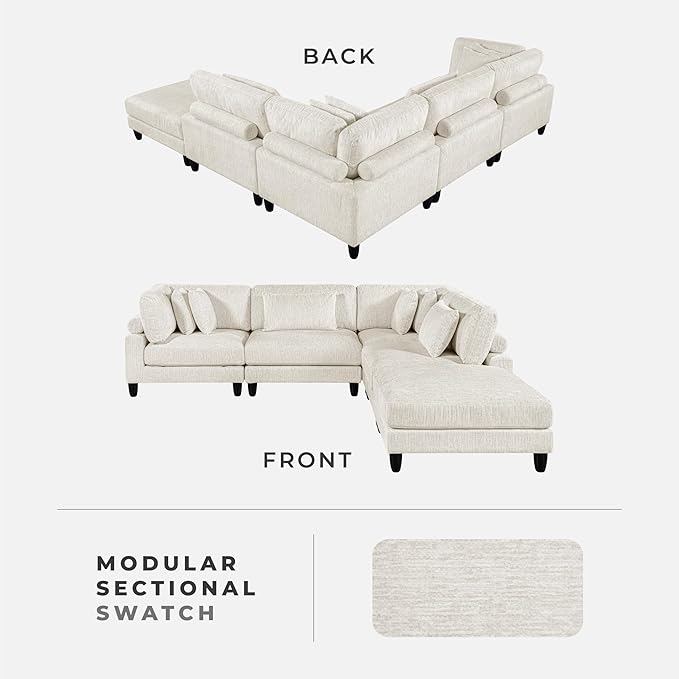 Lexicon 120 Inch Modular Sectional Sofa - Oversized 5 Seater Microfiber L Shaped Sectional Couch with Ottoman, 6 Accent Pillows, and Flexible Arrangement for Modern Living Rooms, Beige