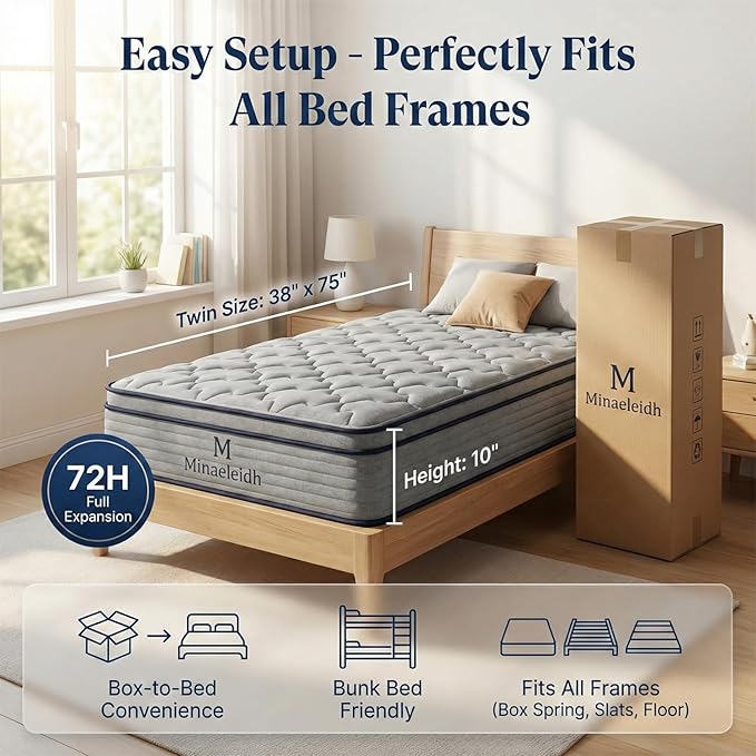 Twin Size Mattress 10 Inch, Medium Firm Boxed Hybrid Mattress, Cooling Gel Memory Foam & Motion Isolation Pocket Coils, 350lbs+ Edge Support, Fiberglass-Free, 365-Night Trial, for Bunk Beds, RV, Teen