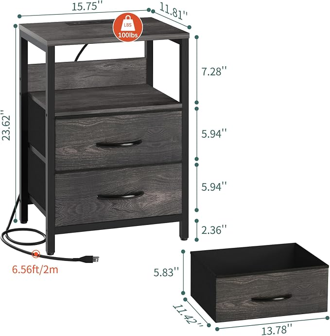 Yoobure Nightstand with Charging Station, LED Night Stand with Fabric Drawers and Storage Shelf for Bedroom, Nightstands Bedside Tables with USB Ports & Outlets, Small Night Stands, Bed Side Table - Image 3