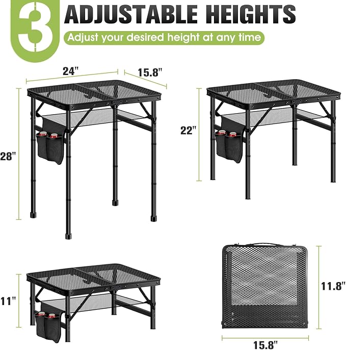 Ciavca Upgraded Folding Grill Table - Metal Portable Camping Table, 3 Height Adjustable Max 28", Lightweight Foldable for Outside BBQ 24"x15.8" - Image 2