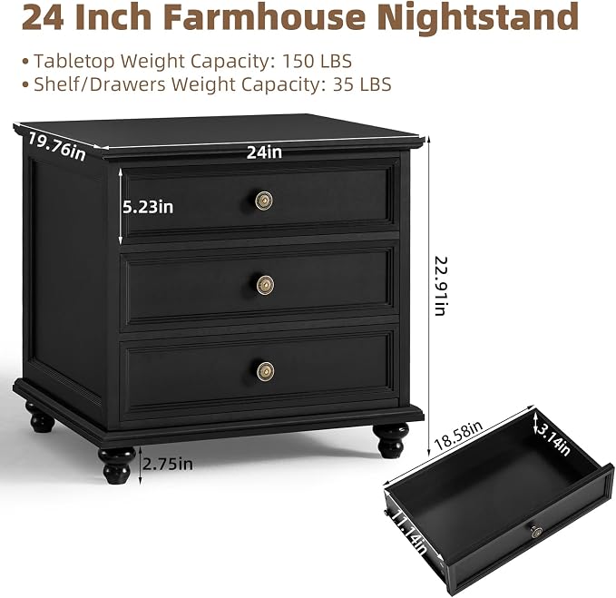 Joaxswe 24" Wide Farmhouse Night Stand Set of 2,Large End Table with 3 Drawers & Metal Handle,Black Wood Dresser for Bedroom,Bed Side Table Chest of Drawers Cabinet,Nightstand for Living Room,Closet - Image 3