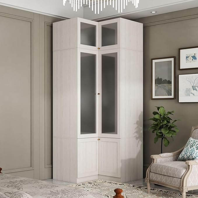 L-Shape Wardrobe Armoire Closet with Hanging Rod & Shelf, Bedroom Armoire with Frosted Glass Doors, Top Cabinets & Gold Knobs, Wood Grain, 35.4”D x 35.4”W x 86.6”H