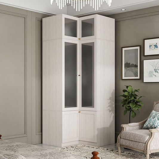 L-Shape Wardrobe Armoire Closet with Hanging Rod & Shelf, Bedroom Armoire with Frosted Glass Doors, Top Cabinets & Gold Knobs, Wood Grain, 35.4”D x 35.4”W x 86.6”H