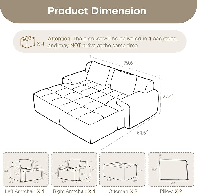 Boneless Couches for Living Room, Corduroy Couch, Modular Sectional Sofa, Big Comfy Couch, Modular Cloud Sofa with Deep Seat, Sofa Bed (White, 4 Pieces-Bedshape)