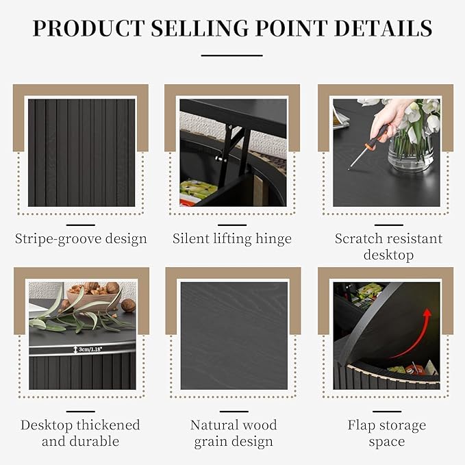 Fluted Lift Top Coffee Table with Hidden Storage, 31.6 Inch Round Coffee Tables for Living Room, Modern Circle Wood Center Tables for Home (Black)