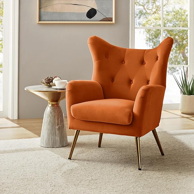 HULALA HOME Velvet Accent Chair Set of 2, Modern Wingback Arm Chair with Metal Gold Legs, Velvet Tufted Upholstered(Orange)