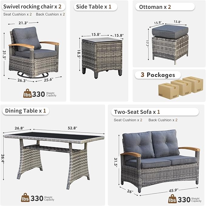 MEISSALIVVE 7 Pieces Patio Furniture Sets, PE Wicker Outdoor Conversation Sets with 2 Wood Armrests Swivel Rocker Chairs, 2 Ottomans, 2-seat Sofa and Dining Table (Grey)