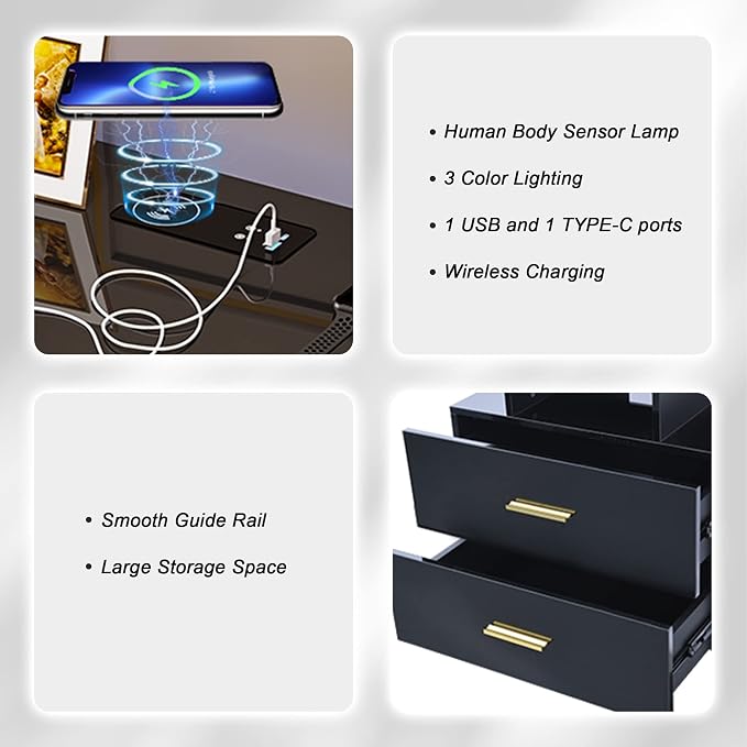 HNEBC Auto LED Nightstand with Wireless Charging Station & USB Ports,High Gloss Bedside Tables with 2 Drawers,Floating Nightstand with 3 Color & Adjustable Brightness for Bedroom,Black - Image 10