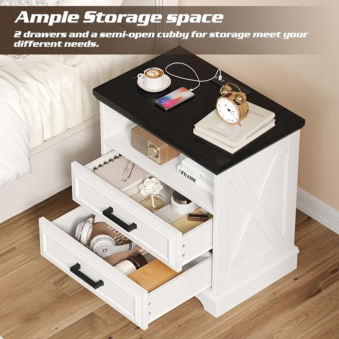 knoworld 24 Inch Wide Farmhouse Nightstands with Charging Station, White Nightstand with 2 Large Drawers, Rustic Wood End Table for Bedroom - Image 4