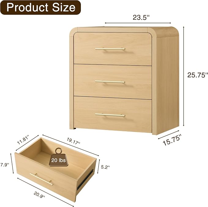 Fatmok Nightstand Set of 2, 23.6" Curved Modern Night Stand with 3-Drawer, Bedside Table, End Table for Bedroom, Large Dresser Storage Cabinet for Home Office Entryway, Natural - Image 2