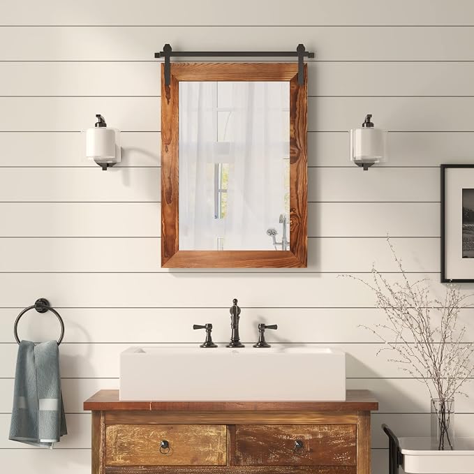 COGOOD Bathroom Mirrors for Over Sink - 26" X 17" Farmhouse Barn Door Wall Mirror for Bathroom, Living Room, Entryway Wall Decorative Brown - Image 3