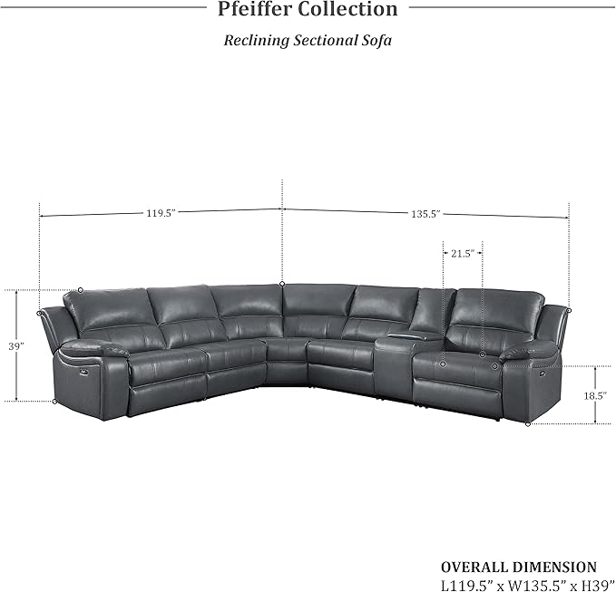 Lexicon Pfeiffer 6-Piece Modular Power Reclining Sectional Sofa, Dual-End Recliner, Gray