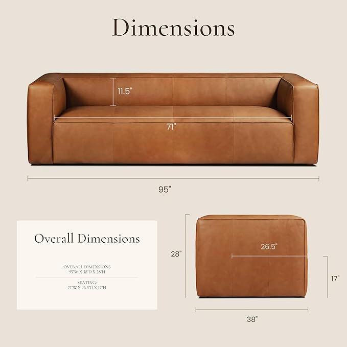 Poly & BARK Piazza 95” Leather Sofa in Saddle Tan – Full‑Grain Pure‑Aniline Italian Leather, Low Profile Frame, Raw Seam Detailing, Soft Tufted Cushions – Rustic Modern Centerpiece for Living Spaces