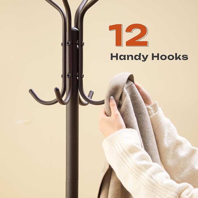 GHWIE Coat Rack Freestanding, Coat Tree with Umbrella Holder, Metal Coat Rack Stand with 12 Hooks, Standing Coat Hanger Stand, Umbrella Stand for Entryway, Hat Rack Stand for Home Office, Brown - Image 4