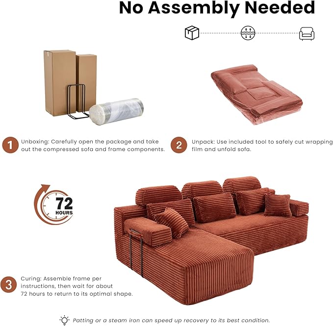 104" L-Shaped Cloud Modular Sectional Sofa with Chaise & Headrest, Boneless Deep Seat Plush Corduroy Couches for Large Living Room, No Assembly Required (Orange, 104" L-shapred Chaise)