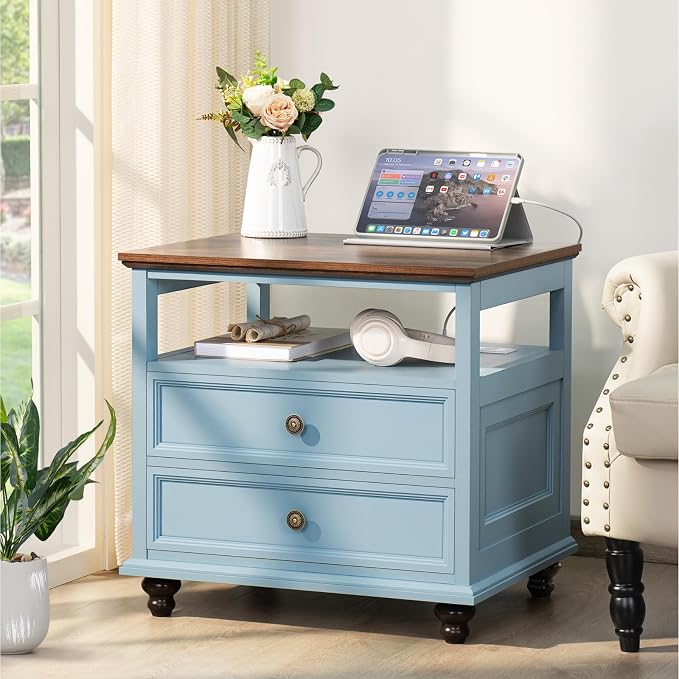 Joaxswe Farmhouse Nightstand with Charging Station, 24" Wide End Table with 2 Drawers, Light Blue Dresser for Bedroom,Wood Bed Side Table Chest of Drawers Cabinet,Night Stand for Living Room,Closet - Image 4
