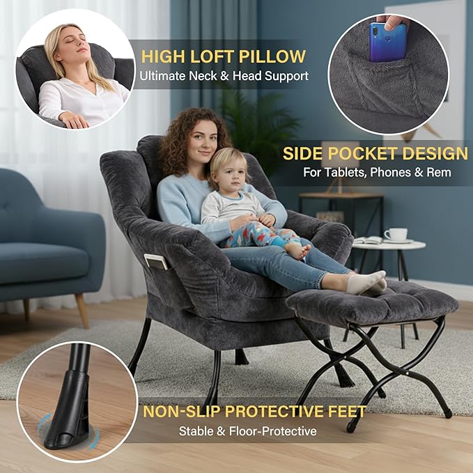 Plush Lazy Chair and Ottoman, Large Dark Grey Contemporary Accent Chair with Side Pocket, Modern Leisure Upholstered Reading Armchair with Footrest for Office, Bedroom, Living Room, Balcony