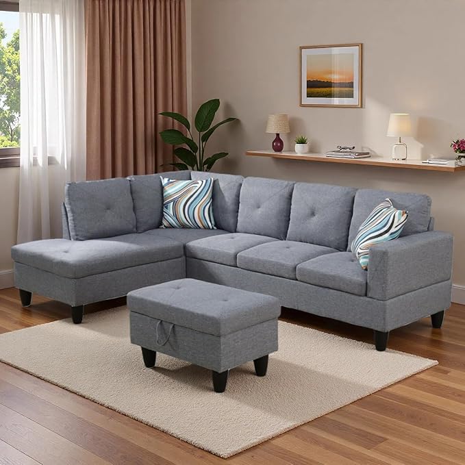 L-Shaped Sectional Sofa with Movable Chaise & Storage Ottoman, Lounge 3-Piece Modular Convertible Couches for Living Room, Apartment & Office, Grey