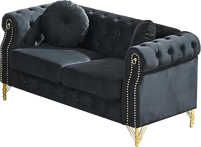 ERYE 60.5-Inch Button Tufted Sofa Couch with 2 Round Pillows, 2 Seat Velvet Tufted Sofa Compact Chesterfield Loveseat Couches W/Nailhead Decor,Ring Accent & Golden Legs