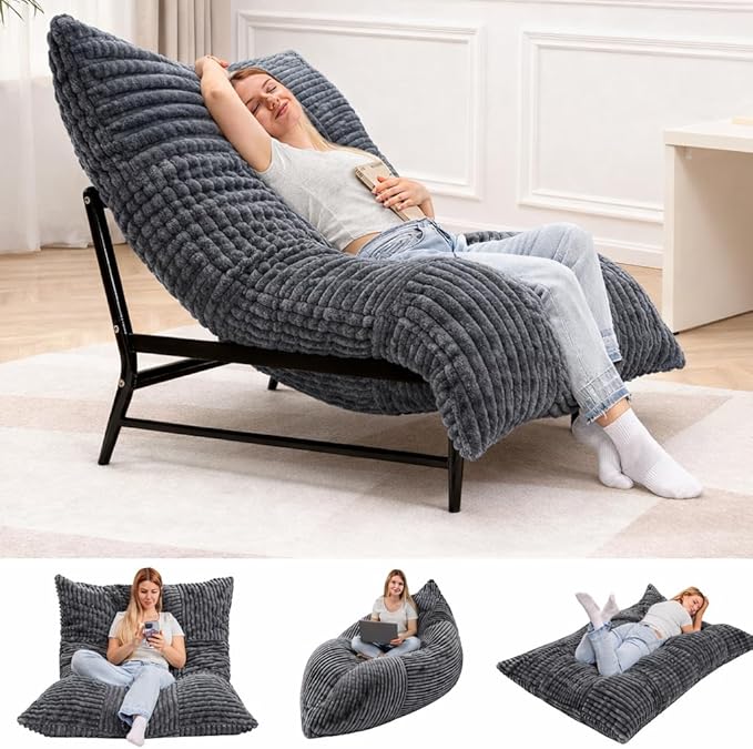 HOMRELEXA Modern Accent Chair, Giant Bean Bag Lounge Chairs with Sturdy Metal Frame & Washable Cover, Comfy Upholstered Chair for Reading Room, Bedroom, Grey