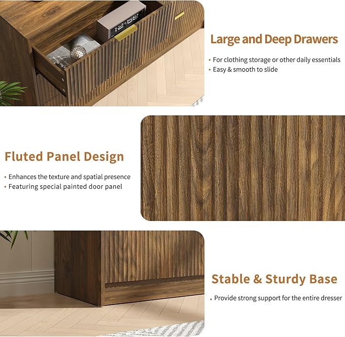 Walnut Dresser and Nightstand Sets, 6 Drawer Dresser Set for Bedroom 3 Piece, 55” Wide Fluted Wood Dressers W/Metal Handle & Night Stand Set of 2, Modern Bedroom Furniture Sets, Walnut
