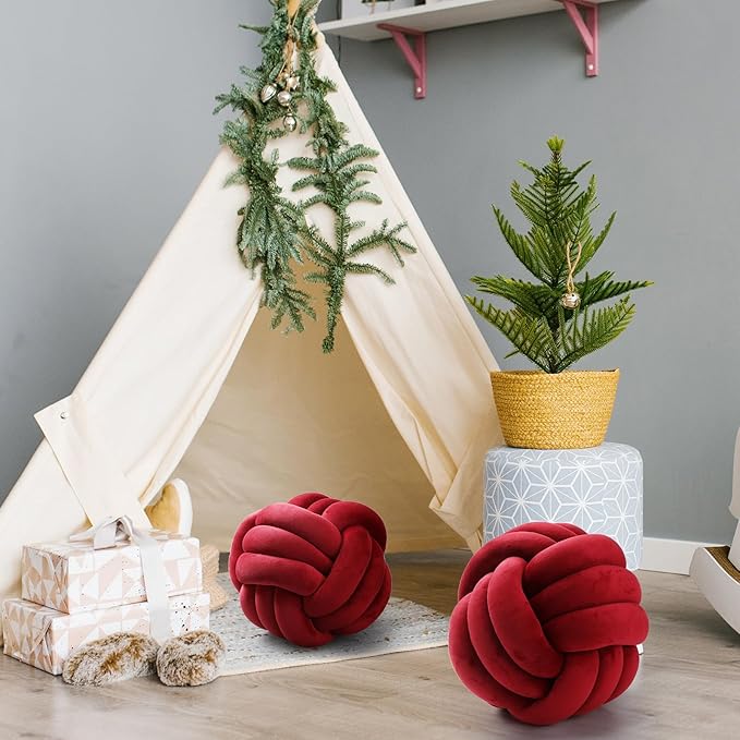Namalu 2 Pcs Soft Knot Pillow Ball, Decorative Round Throw, Soft Knotted Plush Pillows, Handmade Stuffed Ball Pillows Cushion for Bedroom Sofa Couch Home Decor(7.87 Inches,Wine Red)