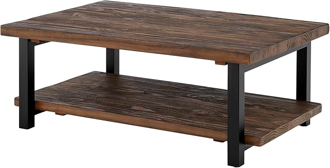 Alaterre Furniture Pomona Living Room Tables – 48 Inch Rectangular Solid Wood Coffee Table with Storage Shelf & Metal Legs – Rustic Industrial Farmhouse Large Living Room Table (Rustic Brown)