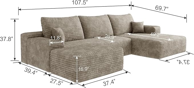 108" Cloud Modular Sectional Sofa Couch with Ottoman and L-Shape Chaise, Minimalist Upholstered Compressed Couches,Deep Seat Floor Sofa Couch,No Assembly Required